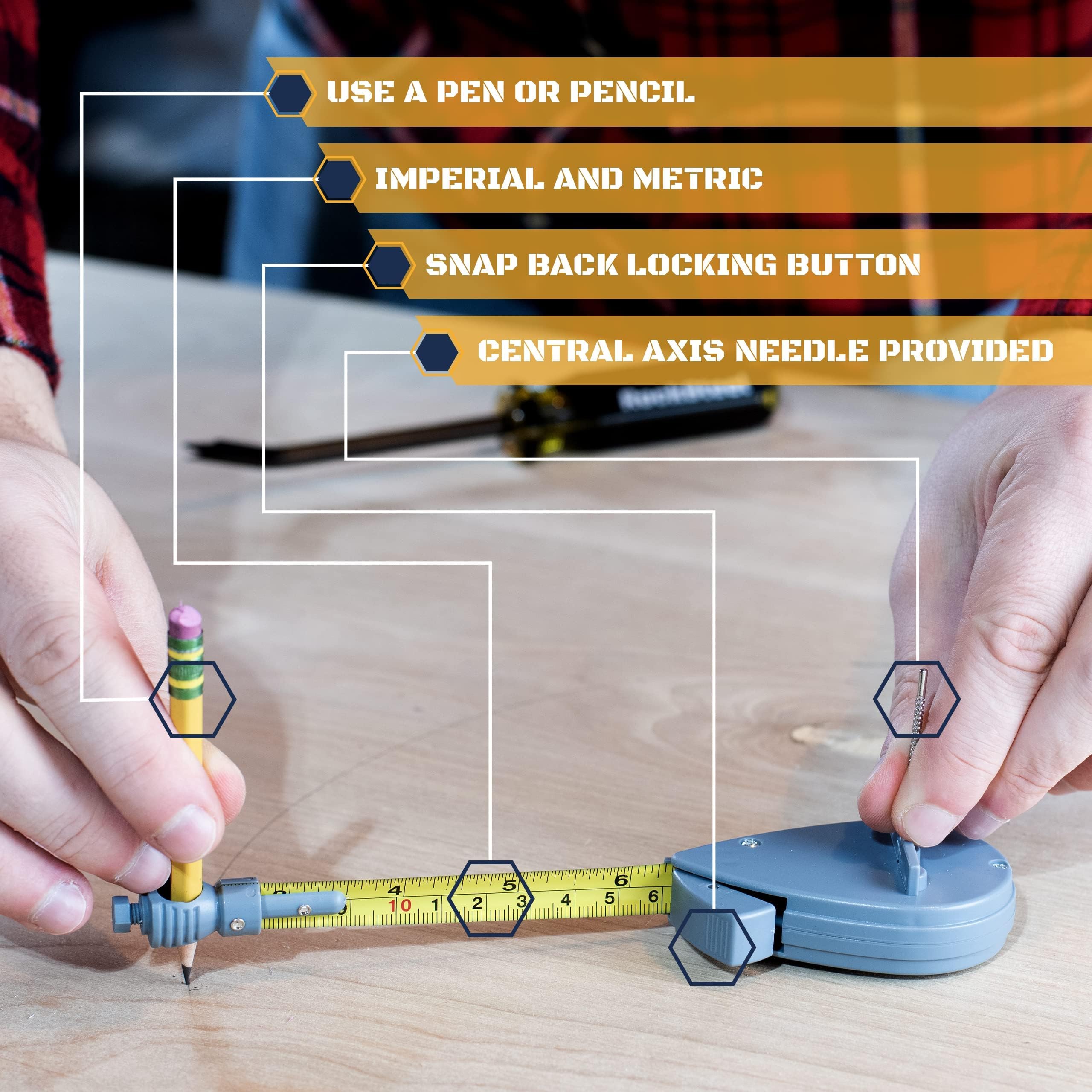 Roto Tape Compass | Rotating Tape Measure Beam Compass Alternative Circle Drawing Tool to Draw Arcs (Not 2 inches Short!)