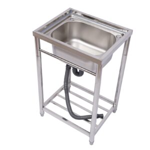 commercial 304 stainless steel sink 1 compartment free standing utility sink set w/drainboard for garage, restaurant, kitchen, laundry room, outdoor, 21.65" w x 17.72" d x 33.46" h