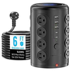 power strip tower with 16 outlets 5 usb ports (2 usb c), acozvin surge protector with 6 ft extension cord, 1875w multi outlet tower charging station for home office desk essentials