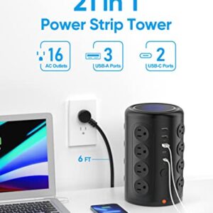 Power Strip Tower with 16 Outlets 5 USB Ports (2 USB C), Acozvin Surge Protector with 6 FT Extension Cord, 1875W Multi Outlet Tower Charging Station for Home Office Desk Essentials