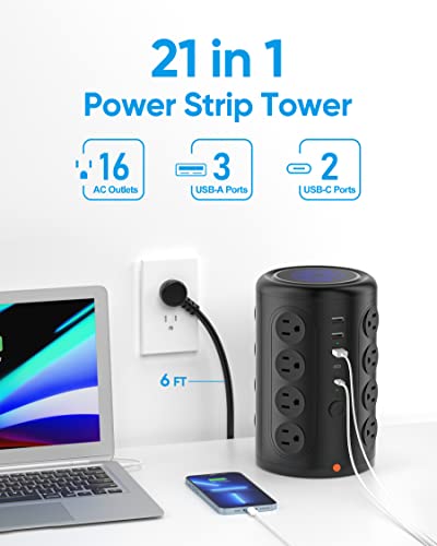 Power Strip Tower with 16 Outlets 5 USB Ports (2 USB C), Acozvin Surge Protector with 6 FT Extension Cord, 1875W Multi Outlet Tower Charging Station for Home Office Desk Essentials