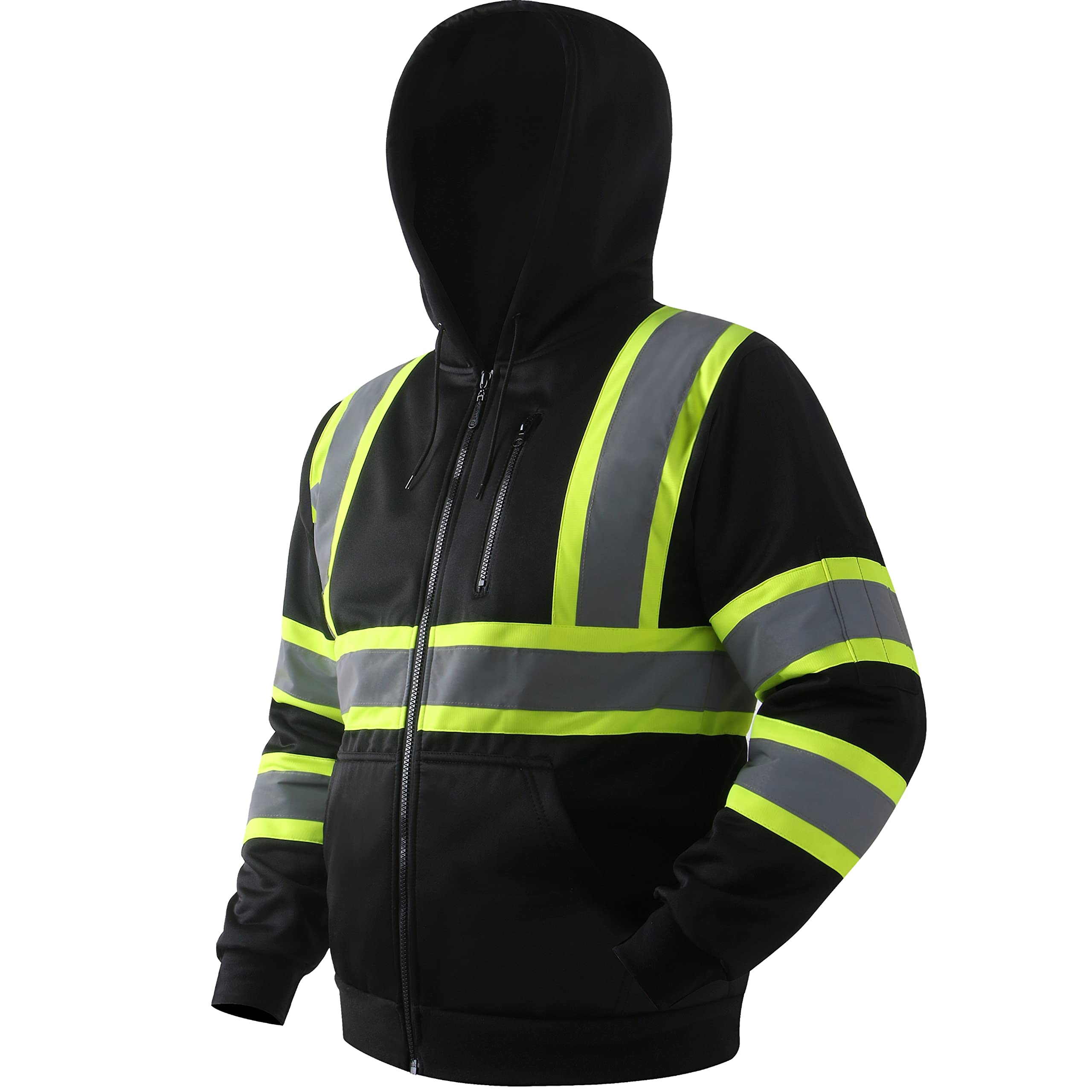 JKSafety Hi-Vis Safety Sweatshirt for men women High Visibility Zip-Up Hooded Sweatshirt Hoodie work utility Reflective Strips with Extended Trims (JK121-Black,L)