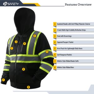 JKSafety Hi-Vis Safety Sweatshirt for men women High Visibility Zip-Up Hooded Sweatshirt Hoodie work utility Reflective Strips with Extended Trims (JK121-Black,L)