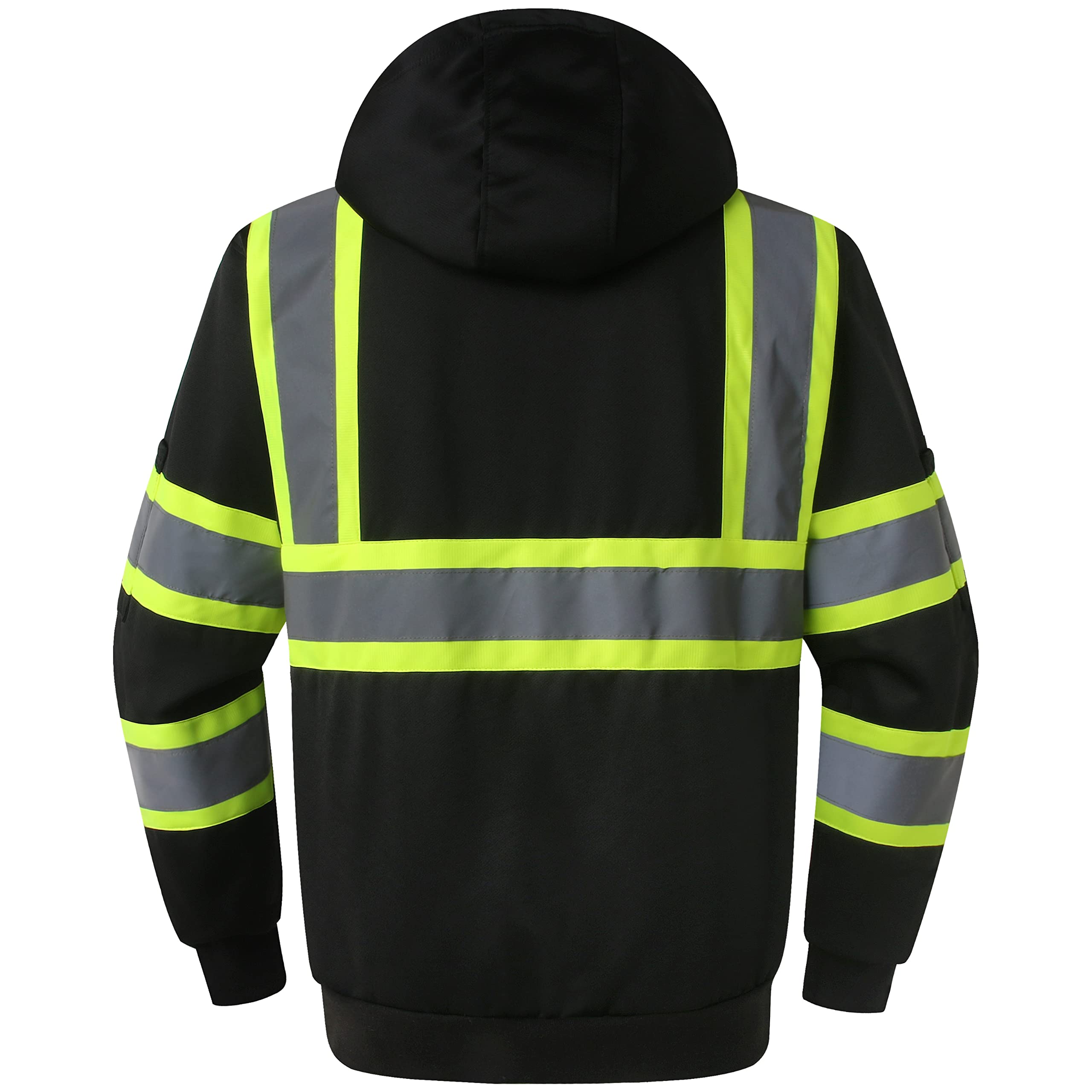 JKSafety Hi-Vis Safety Sweatshirt for men women High Visibility Zip-Up Hooded Sweatshirt Hoodie work utility Reflective Strips with Extended Trims (JK121-Black,L)