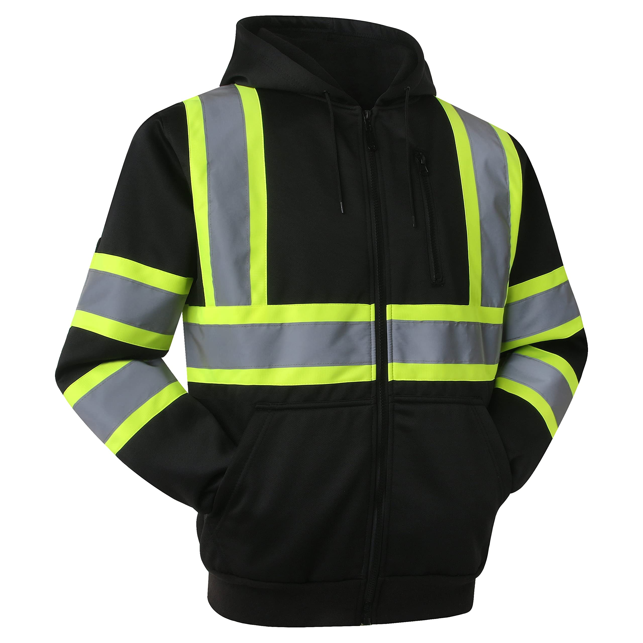 JKSafety Hi-Vis Safety Sweatshirt for men women High Visibility Zip-Up Hooded Sweatshirt Hoodie work utility Reflective Strips with Extended Trims (JK121-Black,L)