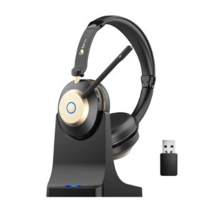 earbay bluetooth headset, wireless headset with microphone for pc, wireless headphones with mic noise cancelling/mute/charging dock/usb dongle, 45hrs dual connect computer phones teams skype zoom