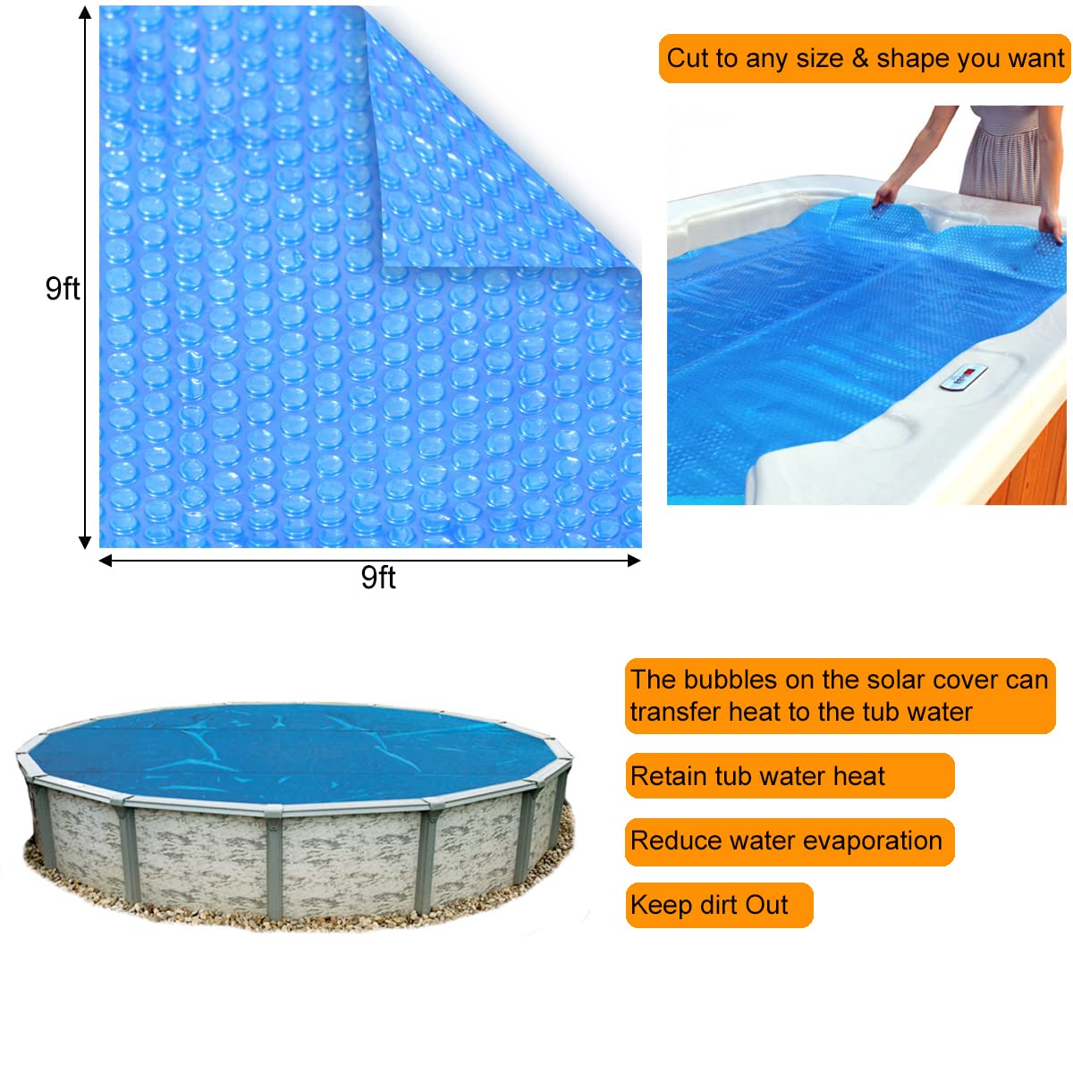 9x9ft 16-mil Spa Hot Tub Solar Cover - UV Resistant Hot Tub Thermal Insulation Blanket - Insulated Hot Tub Bubble Cover - Thermal Blanket for Hot Tub - Insulation Thermal Cover