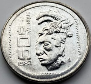 1983 mo 50 centavos mexico coin. commemorating palenque pakal an maya emperor who inspired"ancient astronauts" conspiracy theory. 50 centavos graded by seller circulated condition