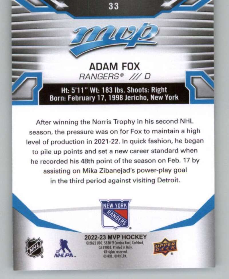 2022-23 Upper Deck MVP #33 Adam Fox New York Rangers NHL Hockey Trading Card