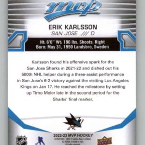 2022-23 Upper Deck MVP #36 Erik Karlsson San Jose Sharks NHL Hockey Trading Card