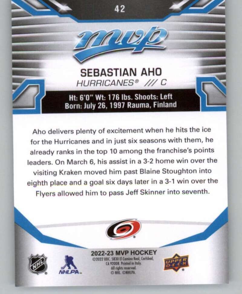 2022-23 Upper Deck MVP #42 Sebastian Aho Carolina Hurricanes NHL Hockey Trading Card