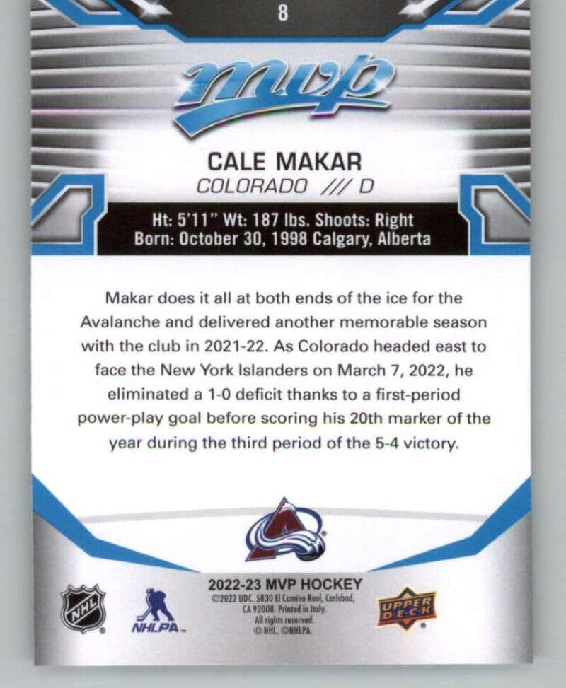 2022-23 Upper Deck MVP #8 Cale Makar Colorado Avalanche NHL Hockey Trading Card