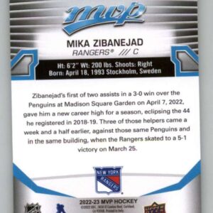 2022-23 Upper Deck MVP #185 Mika Zibanejad New York Rangers NHL Hockey Trading Card