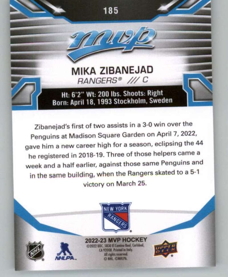 2022-23 Upper Deck MVP #185 Mika Zibanejad New York Rangers NHL Hockey Trading Card