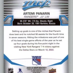 2022-23 Upper Deck MVP #10 Artemi Panarin New York Rangers NHL Hockey Trading Card