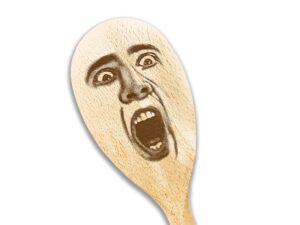 nicolas cage features on wooden spoon nic cage face on things gifts for birthday housewarming gift funny meme gag prank gift chef gift (1 spoon)