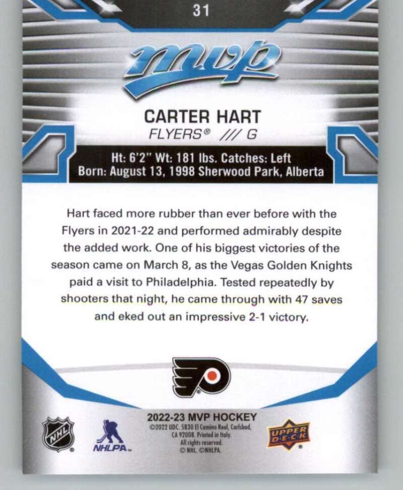 2022-23 Upper Deck MVP #31 Carter Hart Philadelphia Flyers NHL Hockey Trading Card