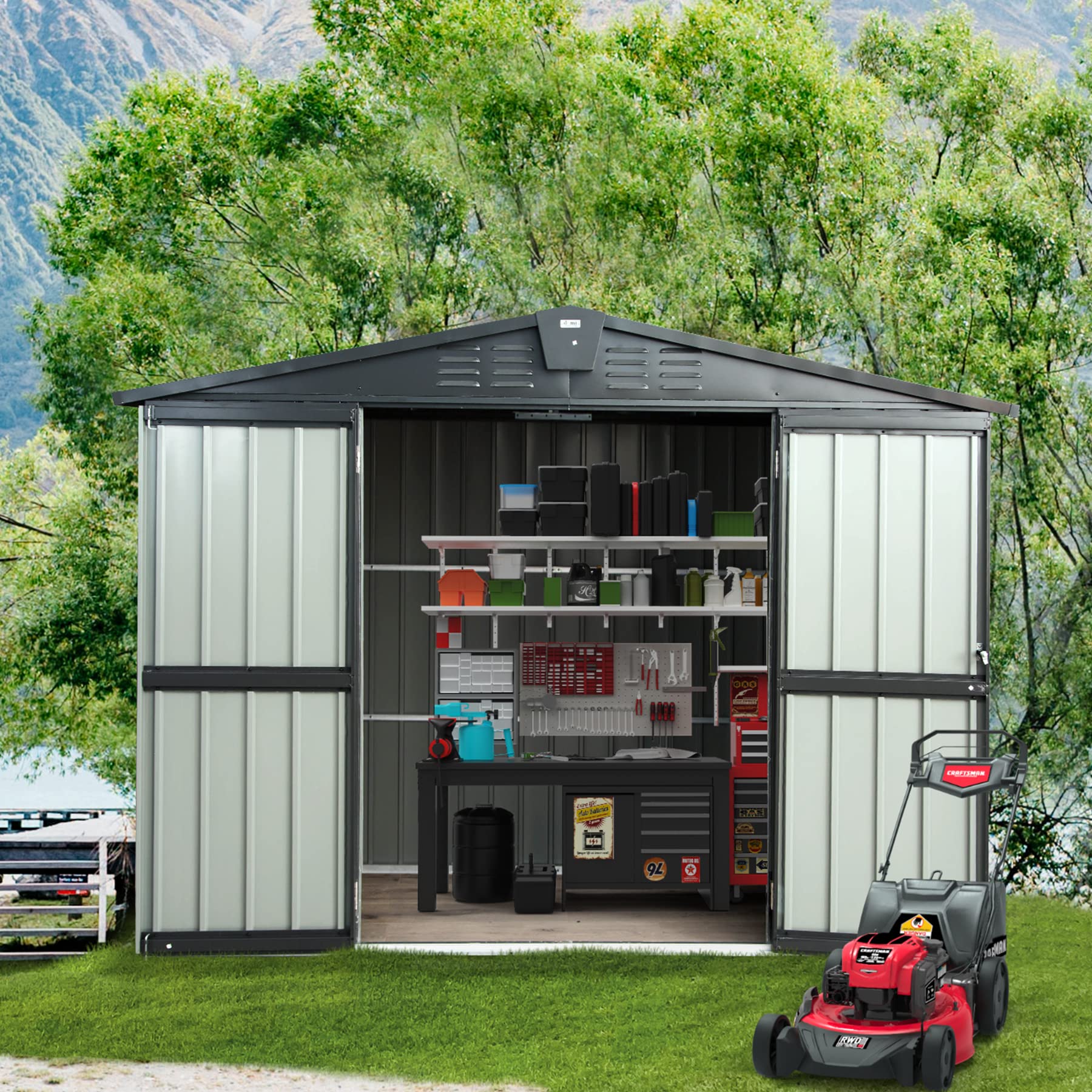 Domi Backyard Storage Shed 8.2’ x 6.2’ with Galvanized Steel Frame,Outdoor Garden Shed Metal Utility Tool Storage Room with Latches and Lockable Door for Balcony Lawn Poolside (Dark Gray)