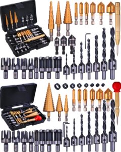 shitime 63 pack wood working chamfer drilling tools, 12 countersink drill bit set, 14 counter sinker drill bit set, 16 plug cutters for wood, 6 step drill bits, 8 drill stop bit collar set 3 countersi