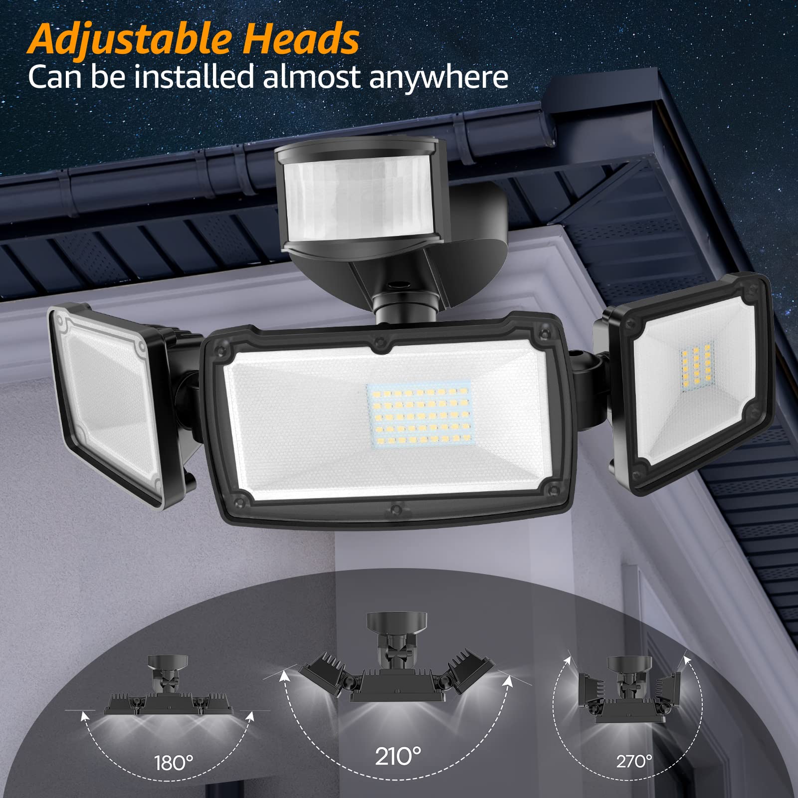 HGGH LED Motion Sensor Outdoor Lights Security Lights,38W 4200LM Flood Lights Outdoor Motion Sensor Lights,6000K,IP65 Waterproof,3 Head Motion Detection Outdoor Lights for Yard Garage Porch