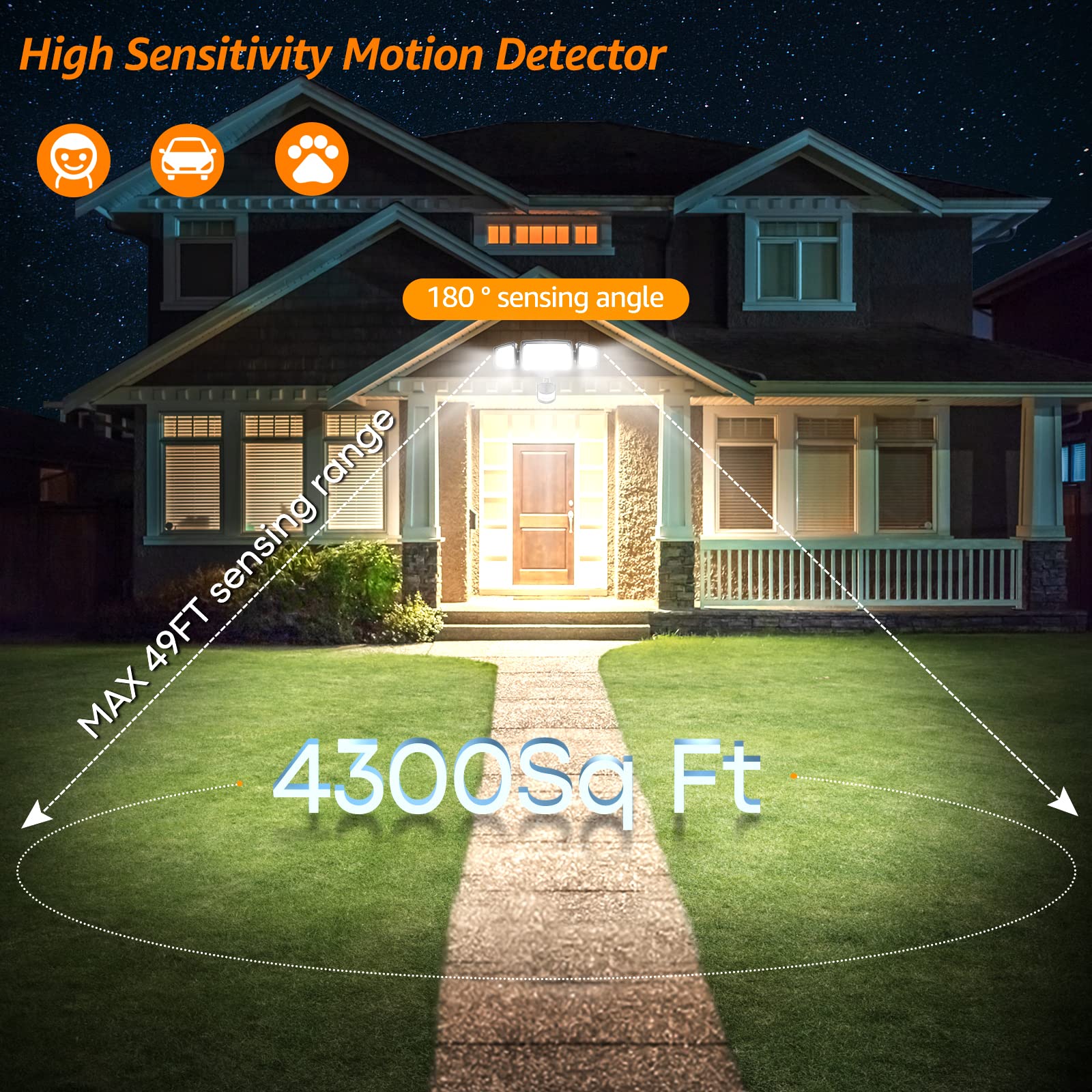 HGGH LED Motion Sensor Outdoor Lights Security Lights,38W 4200LM Flood Lights Outdoor Motion Sensor Lights,6000K,IP65 Waterproof,3 Head Motion Detection Outdoor Lights for Yard Garage Porch