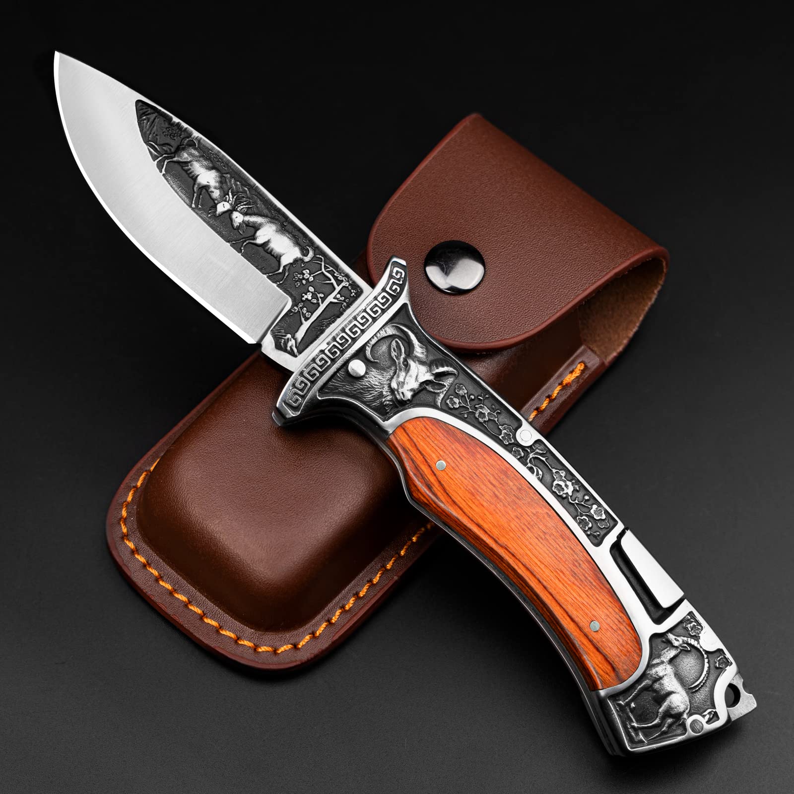 NedFoss Gifts for Men Pocket Folding Knife, 8.6" Engraved Unique Blade, Wood Handles Pocket Knife with Back Lock, Hunting Camping Pocket Knife for Men,Perfect Gifts Idea for Survival, Fishing, Hiking