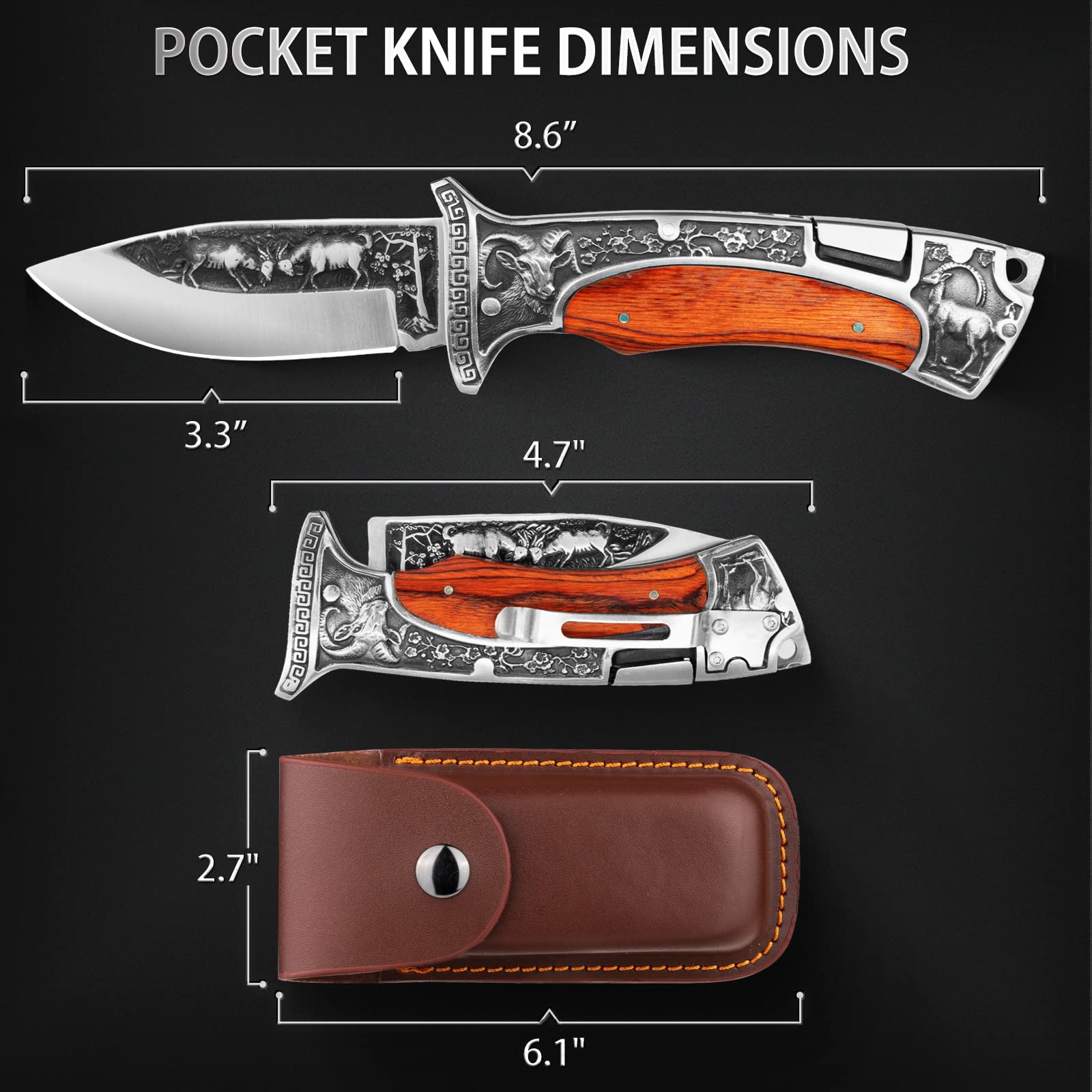 NedFoss Gifts for Men Pocket Folding Knife, 8.6" Engraved Unique Blade, Wood Handles Pocket Knife with Back Lock, Hunting Camping Pocket Knife for Men,Perfect Gifts Idea for Survival, Fishing, Hiking