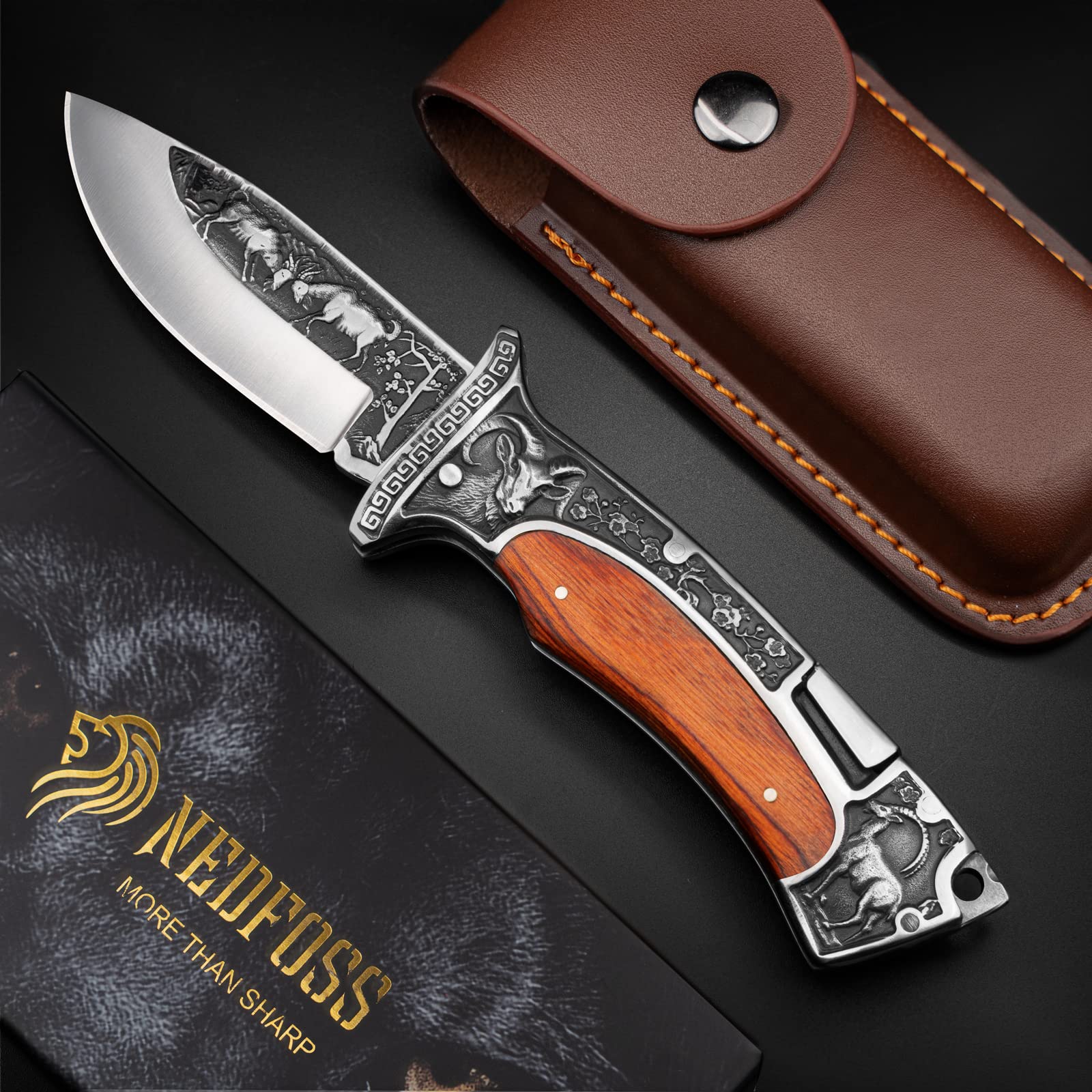 NedFoss Gifts for Men Pocket Folding Knife, 8.6" Engraved Unique Blade, Wood Handles Pocket Knife with Back Lock, Hunting Camping Pocket Knife for Men,Perfect Gifts Idea for Survival, Fishing, Hiking