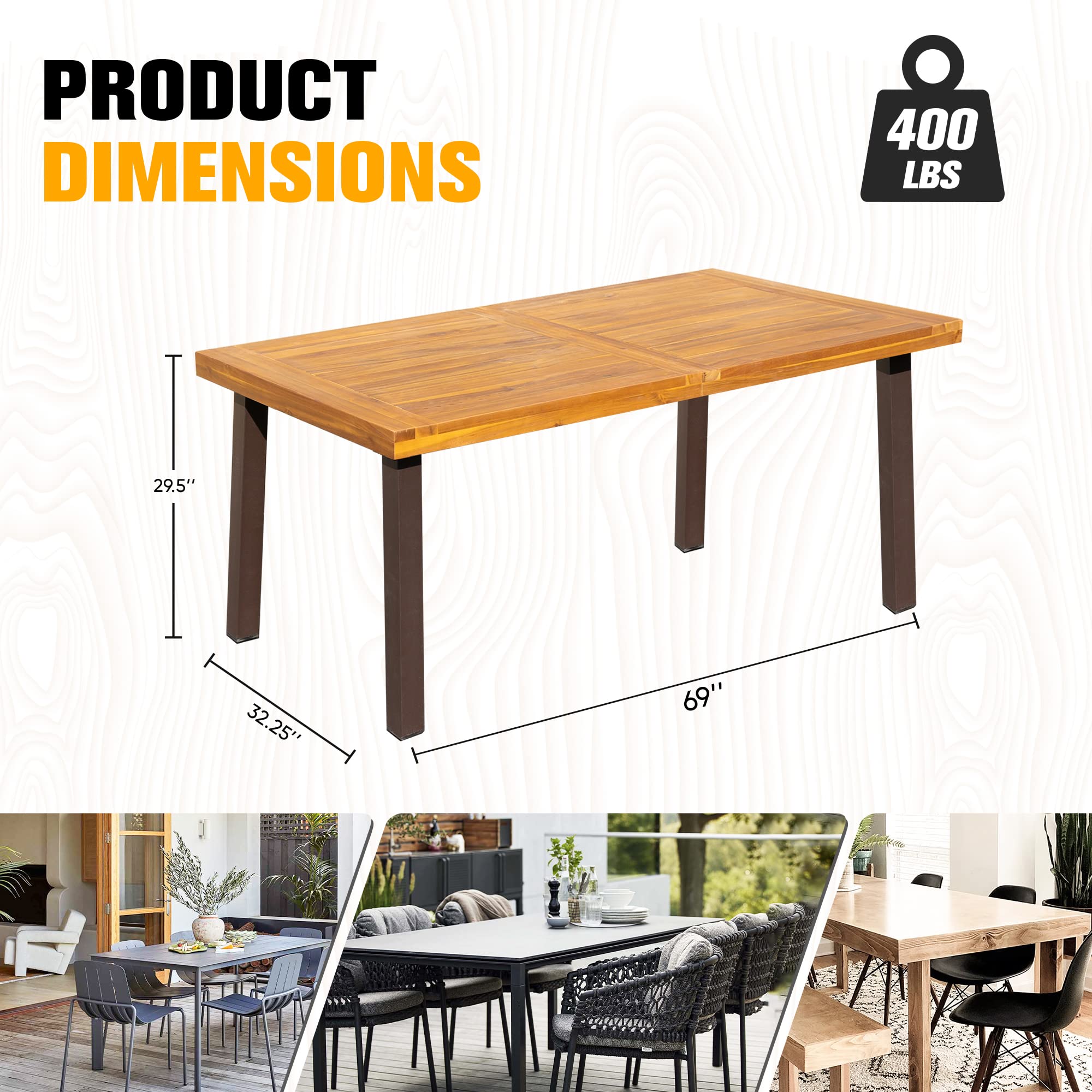 Flamaker Dining Table for 6 Acacia Wood Indoor Outdoor Home Kitchen Table with Iron Legs Large Rectangular Patio Table for Deck, Sunroom