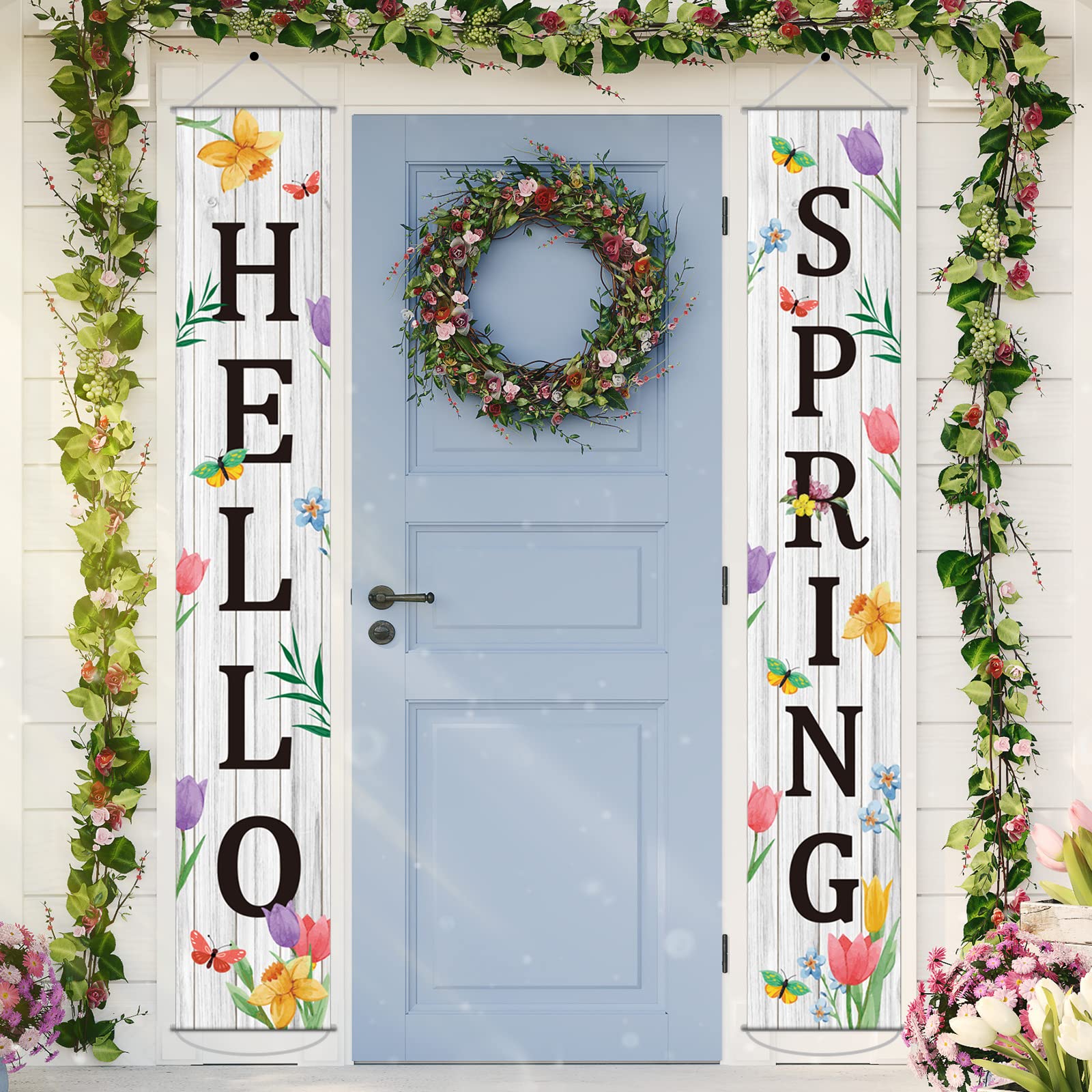 Hello Spring Porch Banner for Front Door Spring Door Banner Colorful Floral Green Leaves Porch Sign Hanging Flag Vintage Spring Decorations Seasonal For Yard Indoor Outdoor Decorations