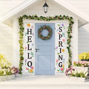 Hello Spring Porch Banner for Front Door Spring Door Banner Colorful Floral Green Leaves Porch Sign Hanging Flag Vintage Spring Decorations Seasonal For Yard Indoor Outdoor Decorations