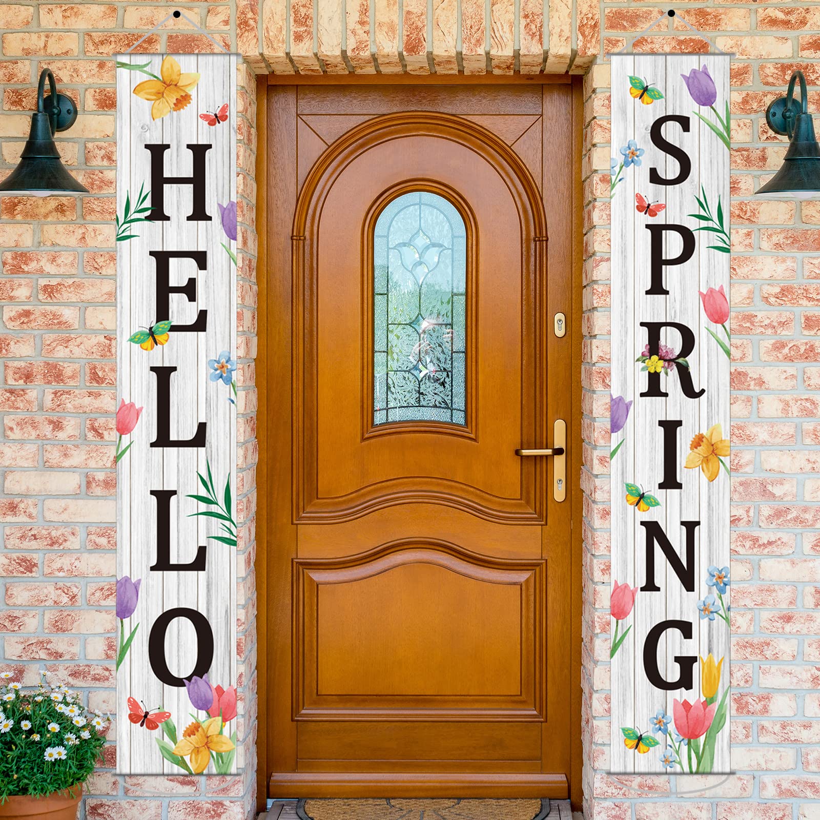 Hello Spring Porch Banner for Front Door Spring Door Banner Colorful Floral Green Leaves Porch Sign Hanging Flag Vintage Spring Decorations Seasonal For Yard Indoor Outdoor Decorations