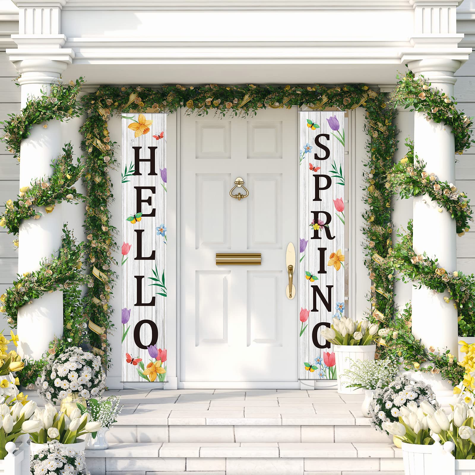Hello Spring Porch Banner for Front Door Spring Door Banner Colorful Floral Green Leaves Porch Sign Hanging Flag Vintage Spring Decorations Seasonal For Yard Indoor Outdoor Decorations