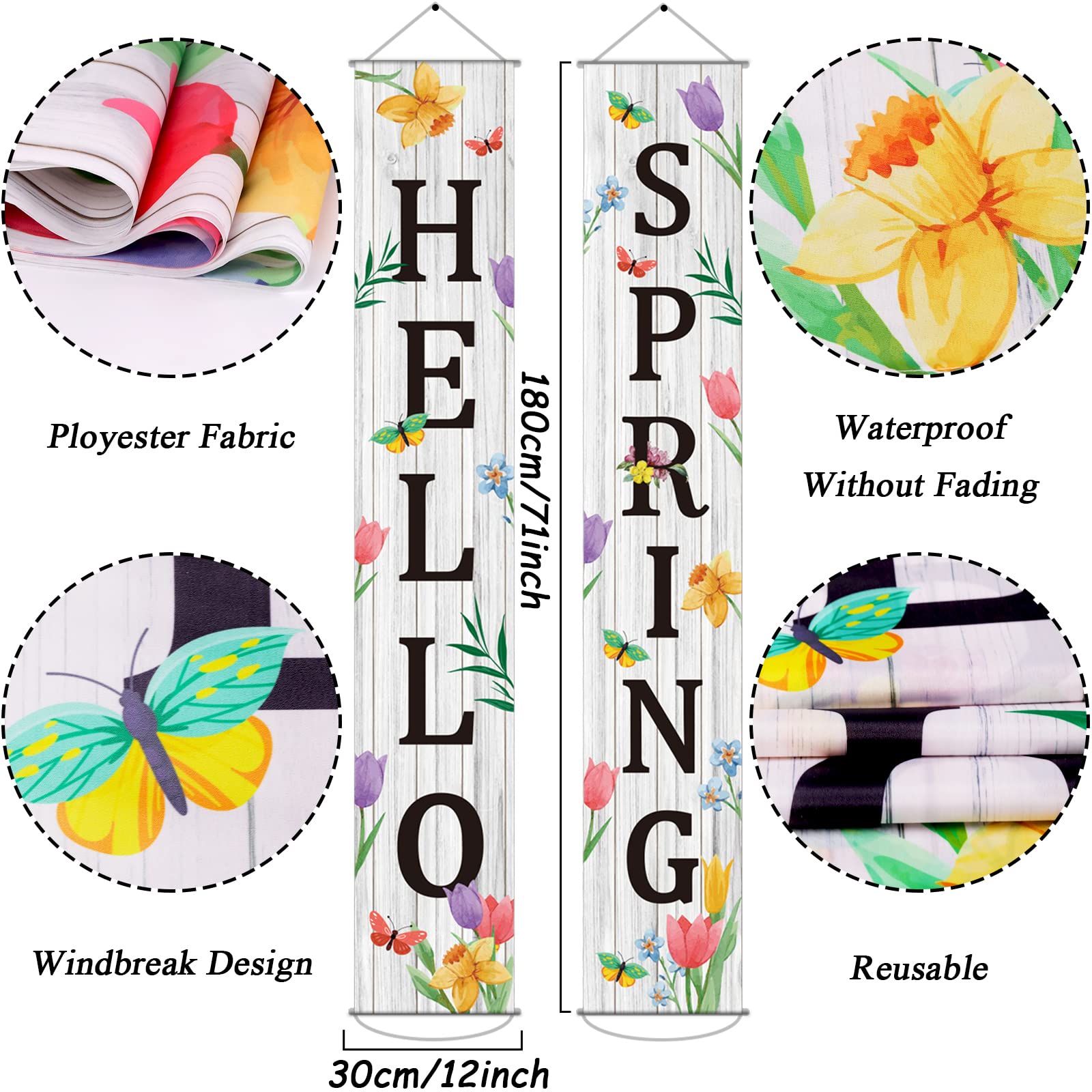 Hello Spring Porch Banner for Front Door Spring Door Banner Colorful Floral Green Leaves Porch Sign Hanging Flag Vintage Spring Decorations Seasonal For Yard Indoor Outdoor Decorations