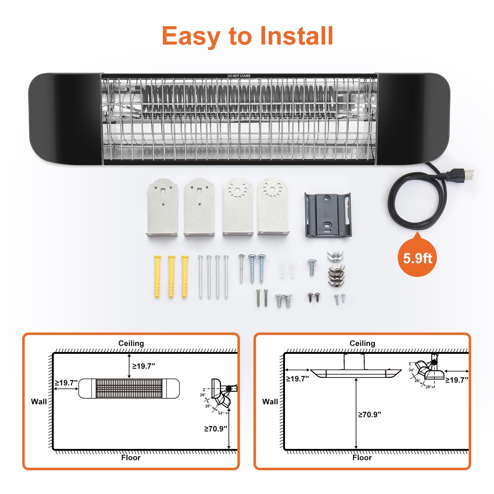 Pasapair Electric Patio Heater with APP Control - 1500W Outdoor Heater Fast Heating with 4 Power Setting - Wall Mounted Infrared Heater Quiet and Odorless - IP65 Waterproof and 24H Timer