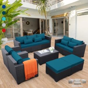 rattaner patio furniture set 7 pieces couch outdoor chairs coffee table peacock blue anti-slip cushions and waterproof covers