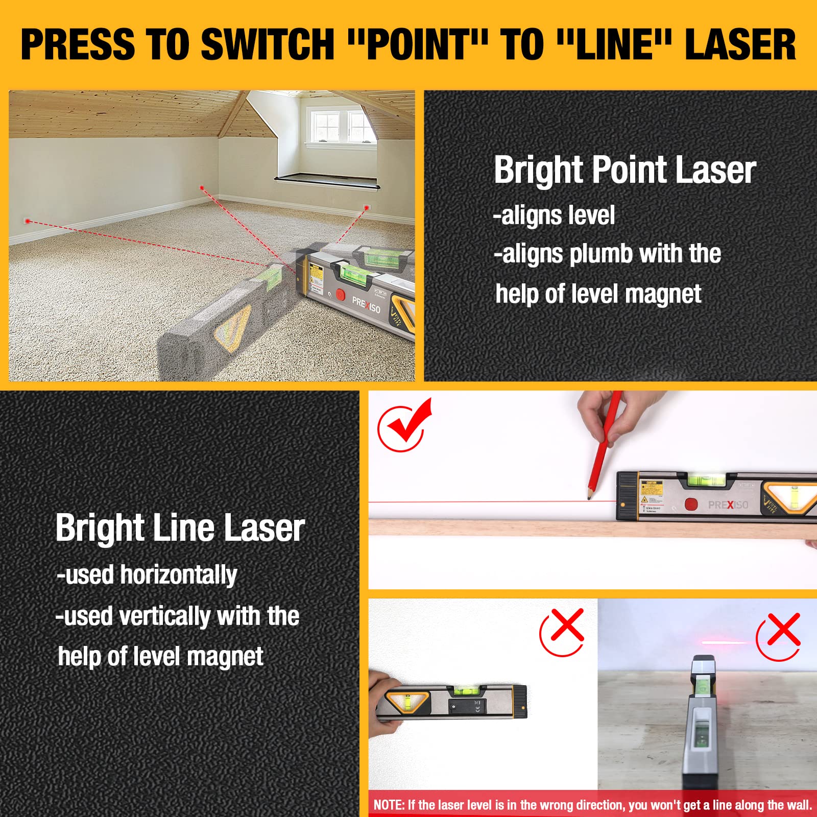PREXISO 135Ft Mini Laser Measure Backlit Digital & PREXISO 2-in-1 Laser Level Spirit Level with LED Lights, 100Ft Point & 30Ft Line