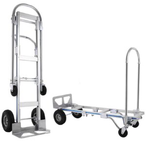 topdeep heavy duty aluminum hand truck, industrial convertible hand truck dolly large size, utility cart converts from hand truck to platform cart with 10" hi tech rubber wheels