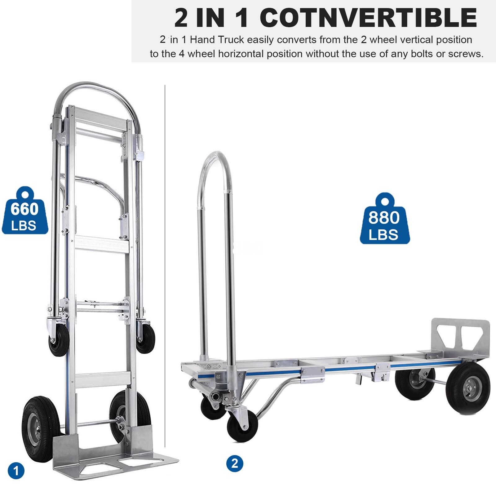 TOPDEEP Heavy Duty Aluminum Hand Truck, Industrial Convertible Hand Truck Dolly Large Size, Utility Cart Converts from Hand Truck to Platform Cart with 10" Hi Tech Rubber Wheels