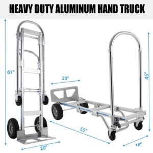 TOPDEEP Heavy Duty Aluminum Hand Truck, Industrial Convertible Hand Truck Dolly Large Size, Utility Cart Converts from Hand Truck to Platform Cart with 10" Hi Tech Rubber Wheels