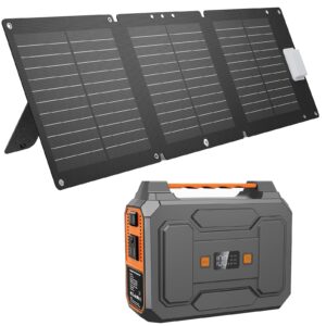 zerokor 100w portable power station with 60w foldable solar panel(dc18v/3.3a max), portable outdoor solar generator bundle for home use tent camping rv