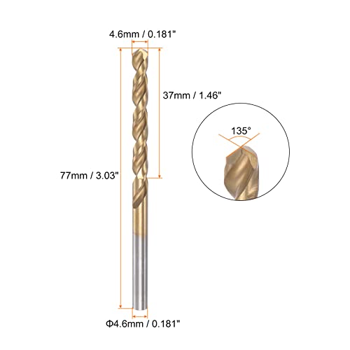 HARFINGTON 2pcs Twist Drill Bits 4.6mm Titanium Coated (HSS-E) M42 High Speed Steel 8% Cobalt Straight Shank for Stainless Steel Aluminum Alloy Metal