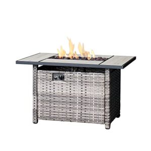 ovios fire pits 42 inch outdoor gas fire pit table, 50,000 btu steel fire pit with lid and volcanic rock wicker rattan patio coffee table for backyard deck balcony (grey-large rectangle)