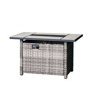 OVIOS Fire Pits 42 Inch Outdoor Gas Fire Pit Table, 50,000 BTU Steel Fire Pit with Lid and Volcanic Rock Wicker Rattan Patio Coffee Table for Backyard Deck Balcony (Grey-Large Rectangle)