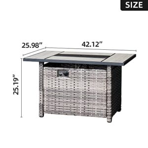 OVIOS Fire Pits 42 Inch Outdoor Gas Fire Pit Table, 50,000 BTU Steel Fire Pit with Lid and Volcanic Rock Wicker Rattan Patio Coffee Table for Backyard Deck Balcony (Grey-Large Rectangle)