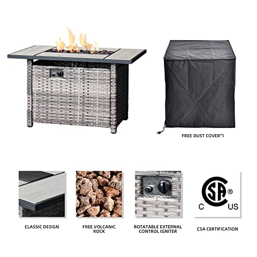 OVIOS Fire Pits 42 Inch Outdoor Gas Fire Pit Table, 50,000 BTU Steel Fire Pit with Lid and Volcanic Rock Wicker Rattan Patio Coffee Table for Backyard Deck Balcony (Grey-Large Rectangle)