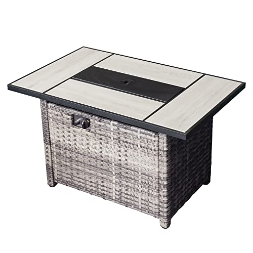 OVIOS Fire Pits 42 Inch Outdoor Gas Fire Pit Table, 50,000 BTU Steel Fire Pit with Lid and Volcanic Rock Wicker Rattan Patio Coffee Table for Backyard Deck Balcony (Grey-Large Rectangle)