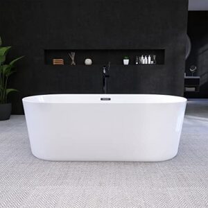 rizzon acrylic free standing tub 58" freestanding bathtub with cupc certified anti-cracked soaking tub with brass drain and classic stainless steel slotted overflow glossy white 58"x28"
