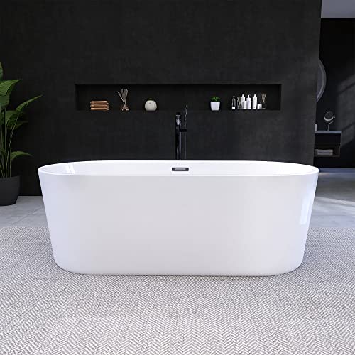 Rizzon Acrylic Free Standing Tub 58" Freestanding Bathtub with cUPC Certified Anti-Cracked Soaking Tub with Brass Drain and Classic Stainless Steel Slotted Overflow Glossy White 58"x28"