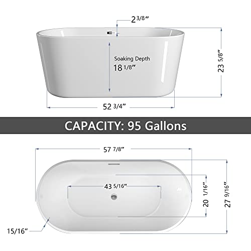 Rizzon Acrylic Free Standing Tub 58" Freestanding Bathtub with cUPC Certified Anti-Cracked Soaking Tub with Brass Drain and Classic Stainless Steel Slotted Overflow Glossy White 58"x28"